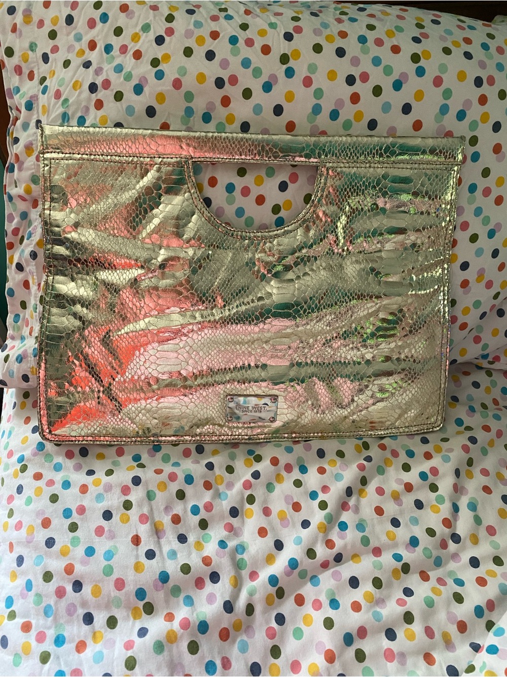 Nine West Metallic Gold Snake-Textured Women's Clutch glam boho fashion street